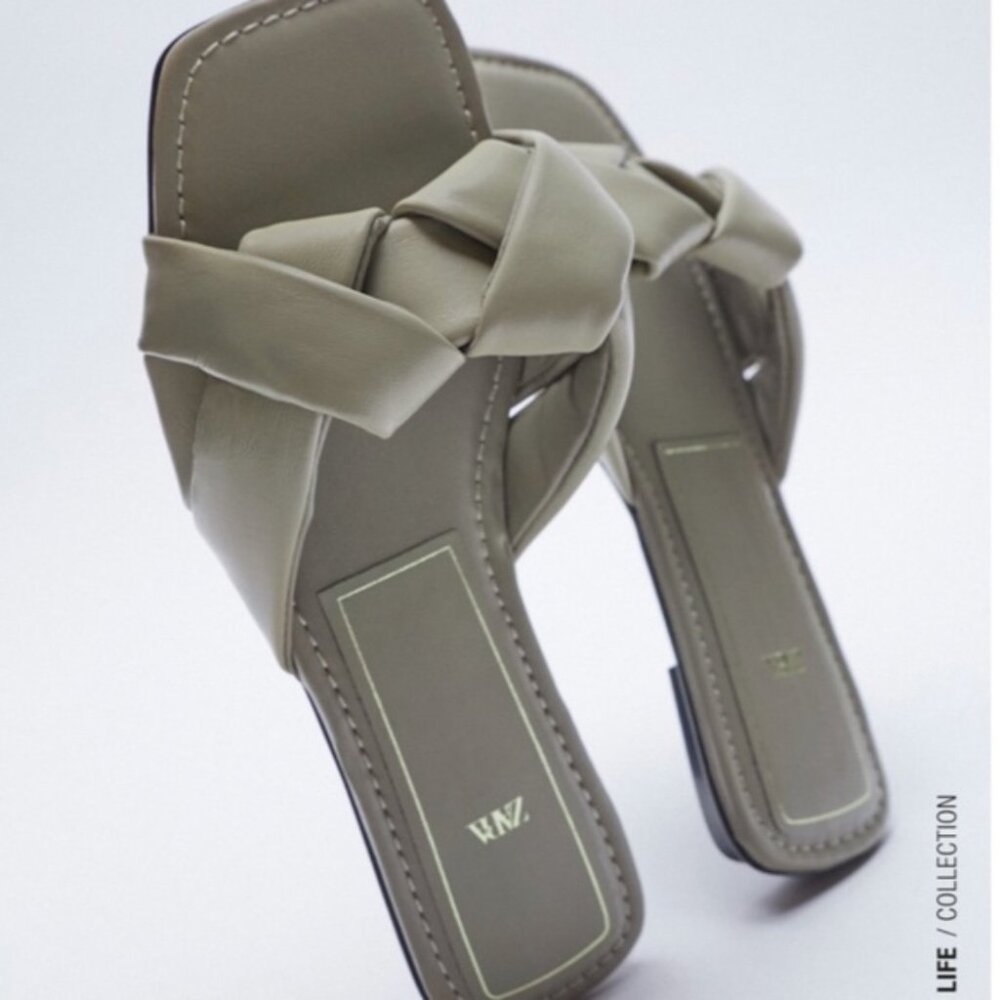 Zara Gray Woven Flat Leather Sandals